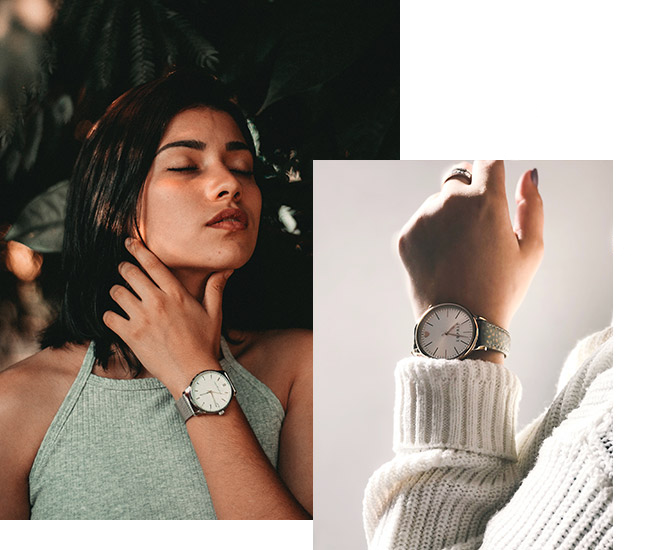 A young woman wearing a white sweater and a watch on her left wrist is holding her hand to her neck. She has long, dark hair and her eyes are closed. A young woman wearing a white sweater and a watch on her left wrist is holding her hand to her neck. She has long, dark hair and her eyes are closed.